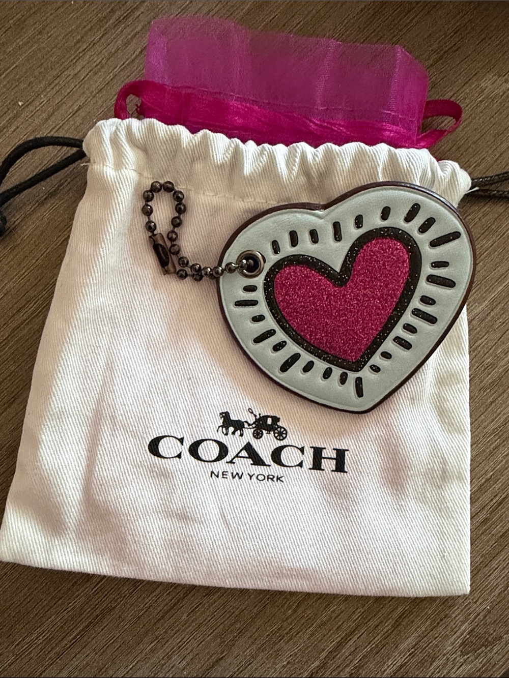 Coach x Keith Haring Glitter Heart Leather Bag Charm Key Fob Bag Tag